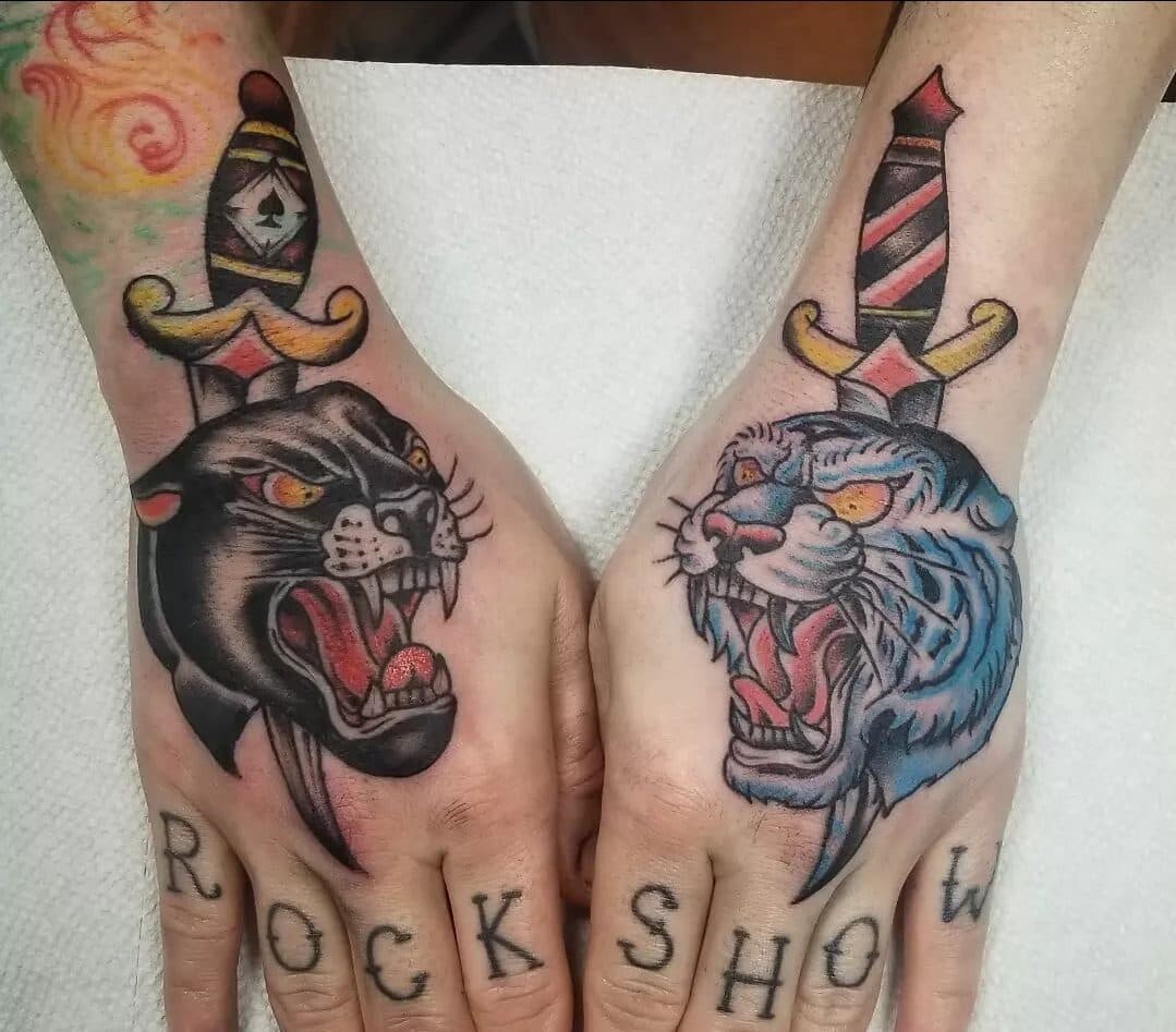Panther & tiger — hand tattoos